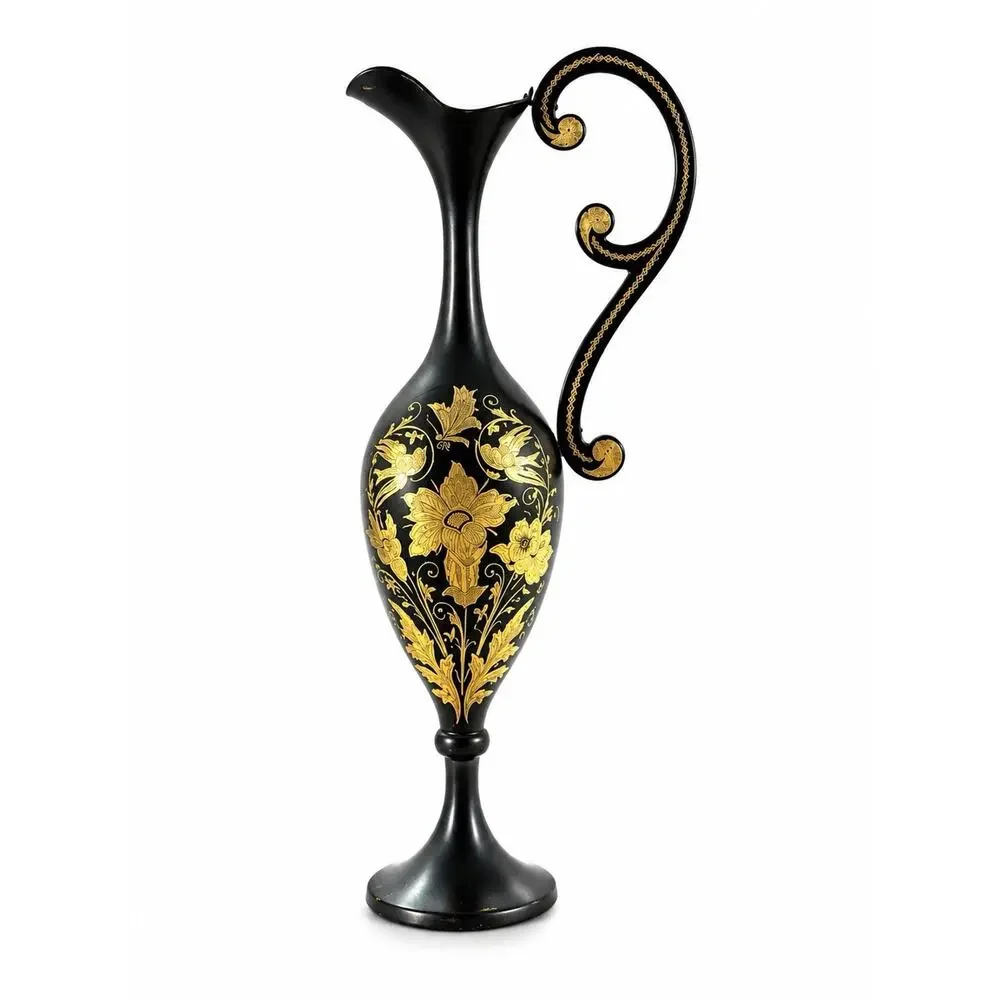 Vintage Black Gold Metal Ewer Vase Hollywood Regency Floral Bird Pitcher 7”